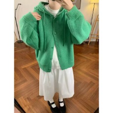 批发韩系加厚纯色连帽毛衣外套<b class='q'>女</b>复古秋冬新款显白百搭慵懒针织衫上衣