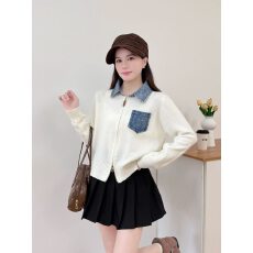 批发法式复古牛仔拼接翻领针织开<b class='q'>女</b>春冬新款高级感超好看宽松显瘦上衣