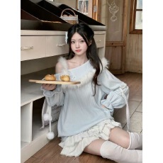 批发啦啦酱 雪愿 原创设计<b class='q'>甜美</b>慵懒秋冬宽松露肩针织上衣