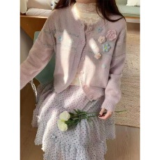 批发立体花朵针织开衫长袖小个子<b class='q'>甜美</b>小香风2026秋冬季长袖毛衣外套女