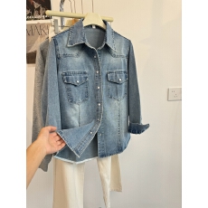 批发复古牛仔衬衫女外套2025秋季高级感港风通勤气质衬衣叠穿上衣