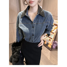批发媛媛【博主私服】拼皮翻领复古<b class='q'>牛仔</b>外套女2025新款高级感收腰<b class='q'>衬衫</b>