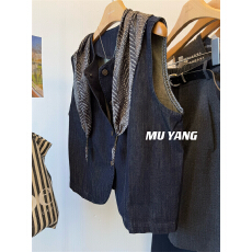 批发MUYANG 丝巾坎肩2025秋季新品 复古水洗深蓝色牛仔马甲背心外套女