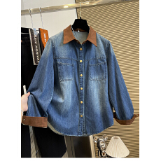 批发小众设计磨毛拼接翻领<b class='q'>牛仔</b><b class='q'>衬衫</b>女2025年秋冬新款水洗做旧宽松外套