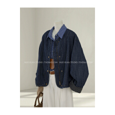 批发港风复古圆领牛仔外套女小个子2025秋新款设计感宽松<b class='q'>百搭</b>短款上衣