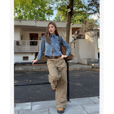 批发川川也美式水洗复古正肩修身长袖<b class='q'>牛仔</b><b class='q'>衬衫</b>女做旧POLO衫辣妹短上衣