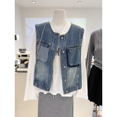 批发秋季新款设计感撞色口袋牛仔马甲女工装宽松短款无袖背心坎肩夹克