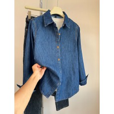 复古蓝色牛仔衬衫女春秋季设计感小众小个子内搭叠穿上衣长袖衬衣
