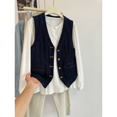 批发老钱风复古撞色V领牛仔马甲女春秋开衫小个子休闲显瘦背心外套