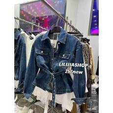 批发韩国东大门秋季新款韩版复古做旧绑带收腰牛仔长袖衬衫女夹克上衣