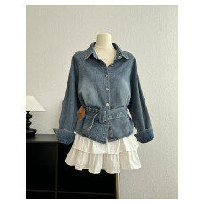 批发复古设计感翻领长袖衬衫牛仔外套女款<b class='q'>春</b>季新款宽松系带收腰短上衣