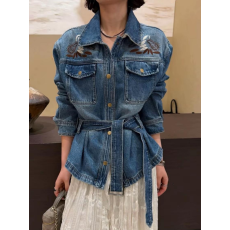 批发重工手工刺绣牛仔外套女2026<b class='q'>春</b>新款翻领系带收腰显瘦百搭夹克上衣