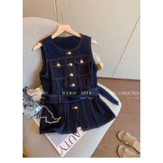 批发老钱风金扣牛仔马甲背心女夏季新款高级复古气质显瘦收腰无袖上衣