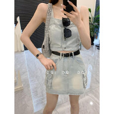 批发网红辣妹复古牛仔套装女夏季新款吊带背心上衣+高腰半身裙两件套