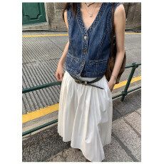 批发pusumede高街时髦感 复古牛仔马甲背心女v领短款叠穿马夹开衫上衣