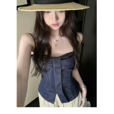 批发1只衮1Z1ZGUN 小嗲精 不褪色牛仔立体蝴蝶结收腰显瘦吊带上衣