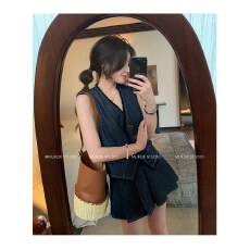 批发MUKOK 丹宁蓝明线流苏V领无袖牛仔马甲半身短裙时尚套装女两件套