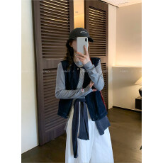 批发爱情魔鬼鱼 深蓝色圆领牛仔马甲外套女2026春季新款韩系百搭上衣