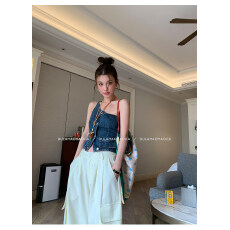 批发DULA好好家 日常韩妹/单肩牛仔马甲背心女夏季外穿修身显瘦短上衣