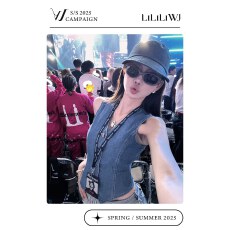 批发李婉君无袖V领牛仔马甲背心女夏季气质修身百搭设计上衣马夹叠穿