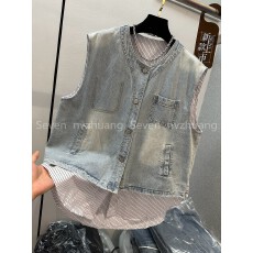 批发高端欧货2026年春季新款拼接条纹假两件中长款牛仔<b class='q'>马甲女</b>抽绳上衣