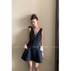 批发LINONEONE si服复古coco 重工质感大口袋明线撞色修身牛仔<b class='q'>连衣裙</b>