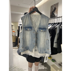 批发QQXX欧洲站复古牛仔蓝蕾丝拼接<b class='q'>马甲女</b>2026春季新款百搭休闲外套