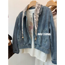 批发MUYANG <b class='q'>韩国</b>水洗料 丝巾装饰复古<b class='q'>牛仔</b><b class='q'>外套</b>女短款翻领百搭夹克<b class='q'>外套</b>