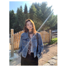 批发辰米范 蓝色短款牛仔外套女秋季韩系翻领复古<b class='q'>宽松</b>休闲夹克<b class='q'>上衣</b>