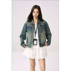 批发TENPSEN秋冬水洗复古<b class='q'>牛仔</b><b class='q'>夹克</b>百搭宽松休闲工装基础翻领短款外套