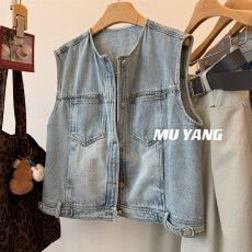 批发MUYANG 美式复古 水洗做旧浅蓝色<b class='q'>牛仔</b>马甲背心女春季无袖外套上衣