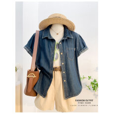 批发衬衣女款2026夏季新款高级感轻奢减龄洋气深蓝色牛仔衬衫短袖上衣