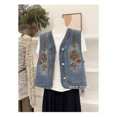 批发韩系复古花卉刺绣<b class='q'>牛仔</b>马甲女2026新款V领叠穿无袖坎肩<b class='q'>背心</b>外套