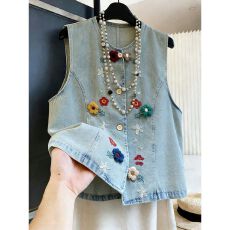 批发韩系森女风重工刺绣花朵牛仔马甲女无袖单排扣百搭显瘦叠穿上衣