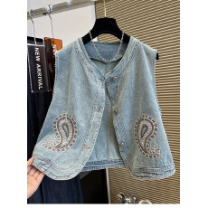 批发复古风刺绣单排扣圆领牛仔马甲女2026夏新款宽松叠穿百搭马夹外套