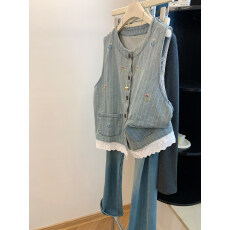 批发浅蓝色花朵刺绣线条拼接蕾丝花边牛仔马甲背心女春季叠穿坎肩上衣