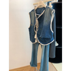 批发深蓝色复古刺绣蕾丝花边牛仔马甲女宽松无袖坎肩外套背心叠穿上衣