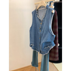 批发巨好看的蓝色复古重工木耳边牛仔马甲女春季宽松坎肩叠穿无袖上衣