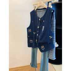 批发蓝色复古刺绣牛仔背心女夏季马甲坎肩外套宽松叠穿无袖上衣高级感