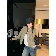 批发番茄侠 D家款！100棉拿破仑军绿/黑排扣立领夹克女磨白收腰短外套