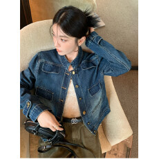 批发HAMYIHO 复古正肩蓝色牛仔外套女薄款<b class='q'>秋</b>季短款立领夹克新款上衣<b class='q'>秋</b>