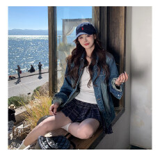 批发3MER哦哦三妹 深蓝色复古正肩牛仔外套女春秋新款设计感夹克上衣