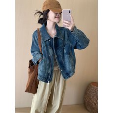 批发话里复古翻领拉链牛仔外套女2026秋季新款宽松休闲风做旧长袖上衣