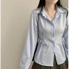 批发<b class='q'>韩版</b>chic法式小众设计感绑带收腰显瘦单排扣翻领长袖衬衫上衣
