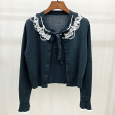 批发2025早秋新款法式小香风<b class='q'>蕾丝</b>花边蝴蝶结毛衣灰色减龄针织开衫外套