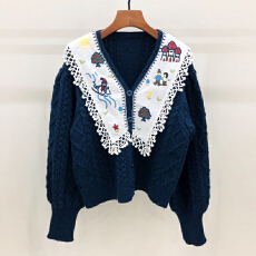 批发针织<b class='q'>开衫</b>2025秋冬新品减龄童趣重工刺绣V领泡泡袖短款毛衣外套女