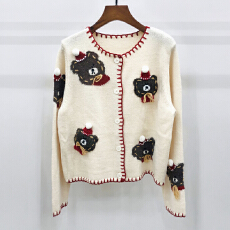 针织开衫2025秋冬新品趣味立体小熊植绒刺绣红色钩边毛衣外套女
