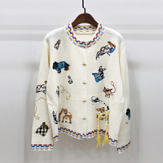 批发秋冬复古童趣小狗刺绣韩系软糯长袖毛衣外套宽松百搭羊毛针织开衫