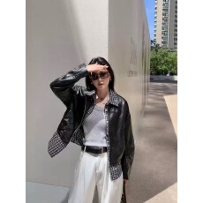 批发条纹格子衬衫拼接皮衣外套女欧货2025秋季新款<b class='q'>帅气</b>假两件pu皮夹克