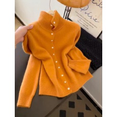 批发有货上身有气质橘黄色小香风高领<b class='q'>开衫</b><b class='q'>毛衣</b><b class='q'>女</b>秋冬季软糯糯保暖上衣